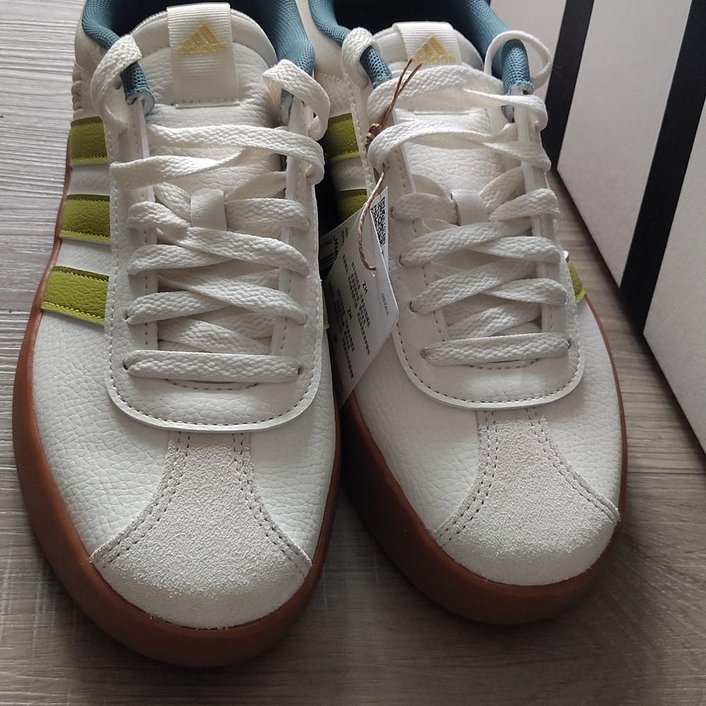 New Adidas White Sneakers with Lime Stripes and Gum Sole - Picture 2 of 5